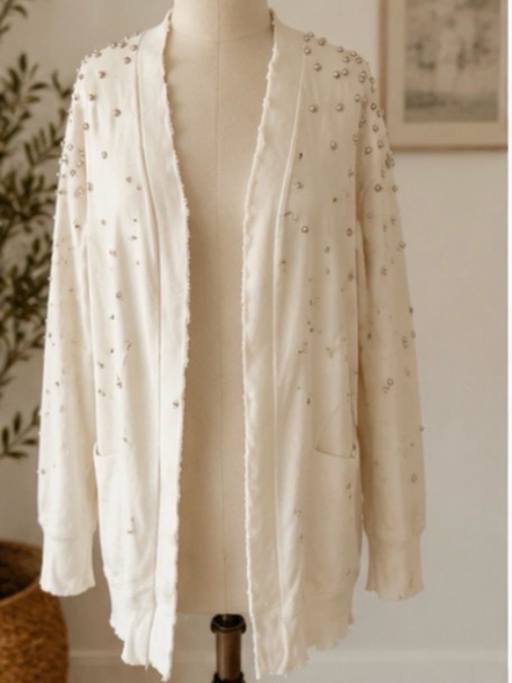R+A Ivory Pearl Studded Distressed Open Front Cotton Cardigan Jacket